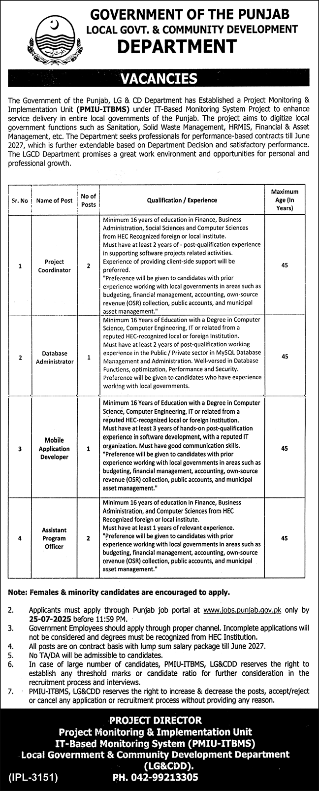 Local Govt & Community Development Department Lahore Tender Notice